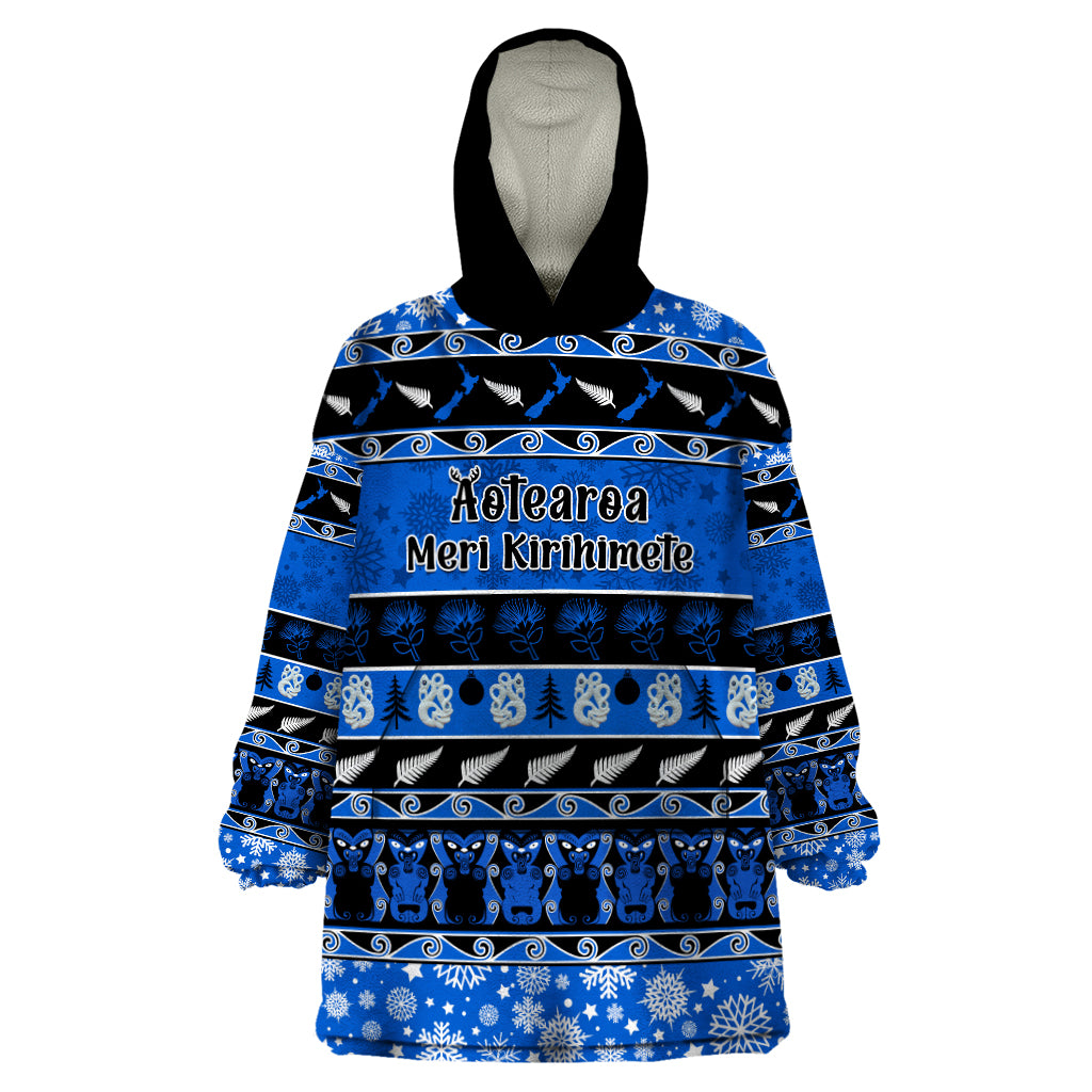 Personalised New Zealand Christmas Wearable Blanket Hoodie Aotearoa Kiwi Meri Kirihimete Blue Version LT14 One Size Blue - Polynesian Pride