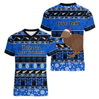 Personalised New Zealand Christmas Women V Neck T Shirt Aotearoa Kiwi Meri Kirihimete Blue Version LT14 - Polynesian Pride