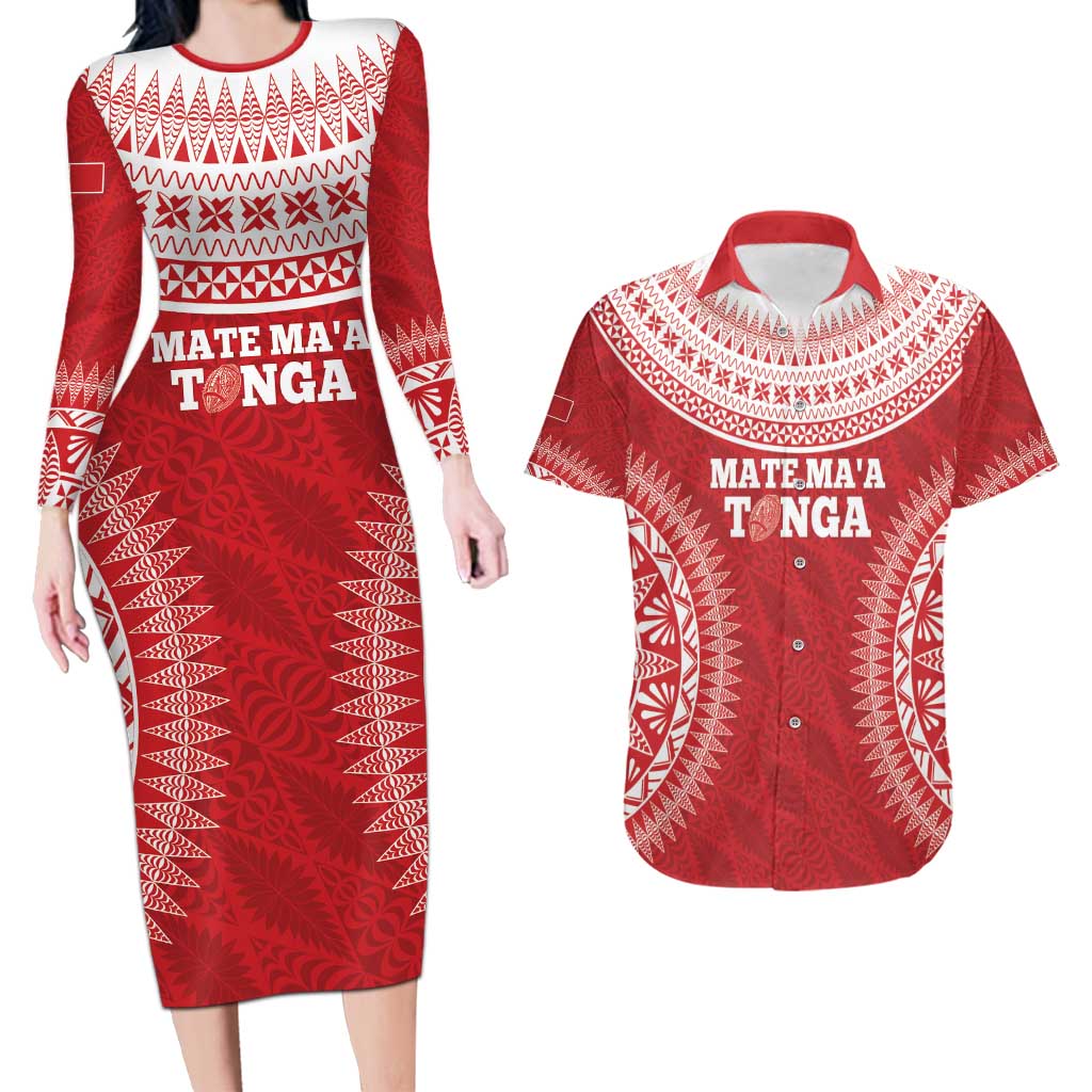 Custom Tonga Mate Maa Couples Matching Long Sleeve Bodycon Dress and Hawaiian Shirt Go Champions Tongan Ngatu - Red