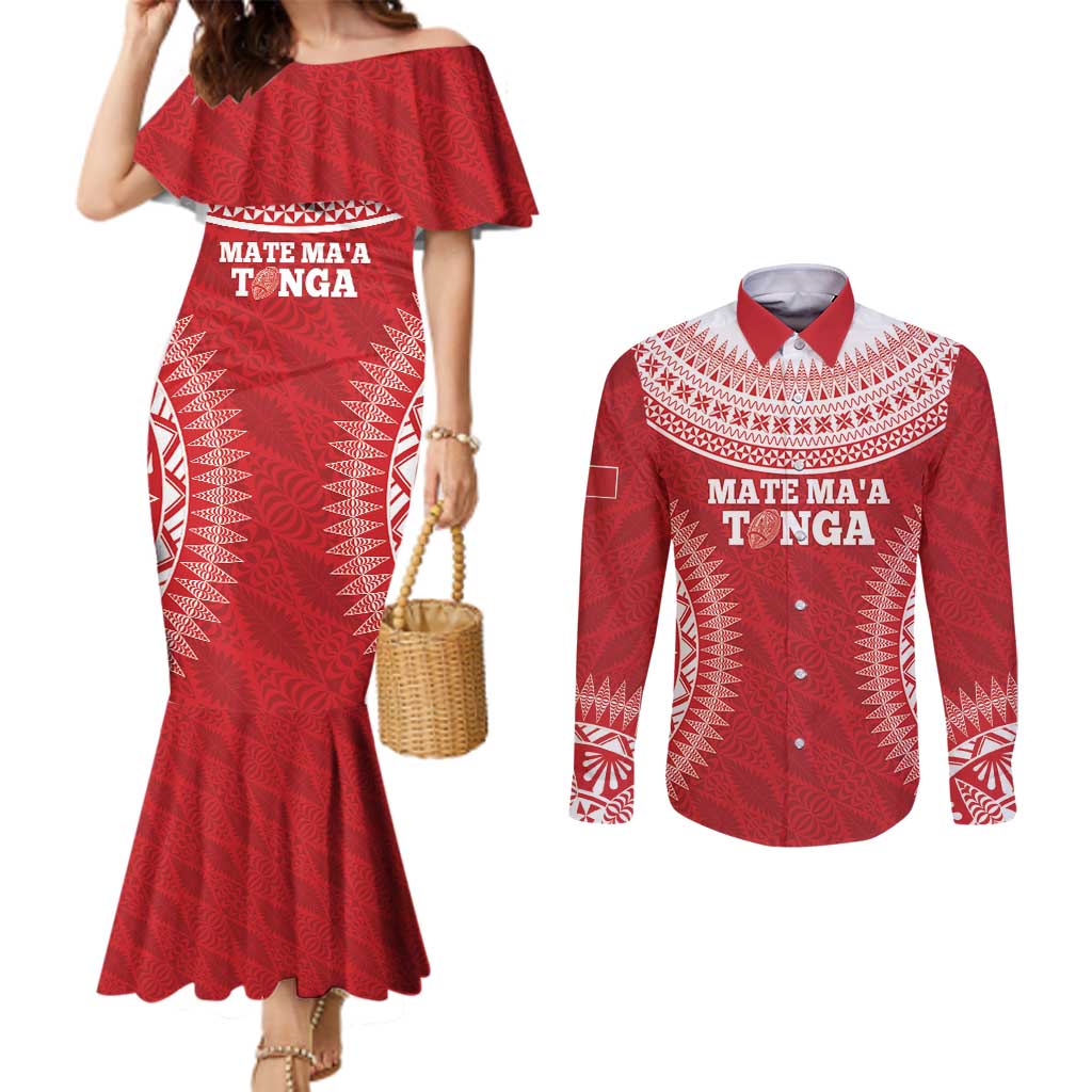 Custom Tonga Mate Maa Couples Matching Mermaid Dress and Long Sleeve Button Shirt Go Champions Tongan Ngatu - Red LT14 Red - Polynesian Pride