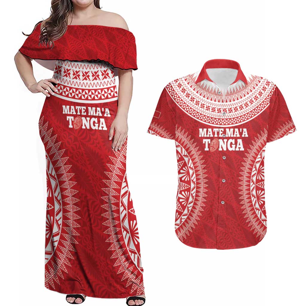 Custom Tonga Mate Maa Couples Matching Off Shoulder Maxi Dress and Hawaiian Shirt Go Champions Tongan Ngatu - Red