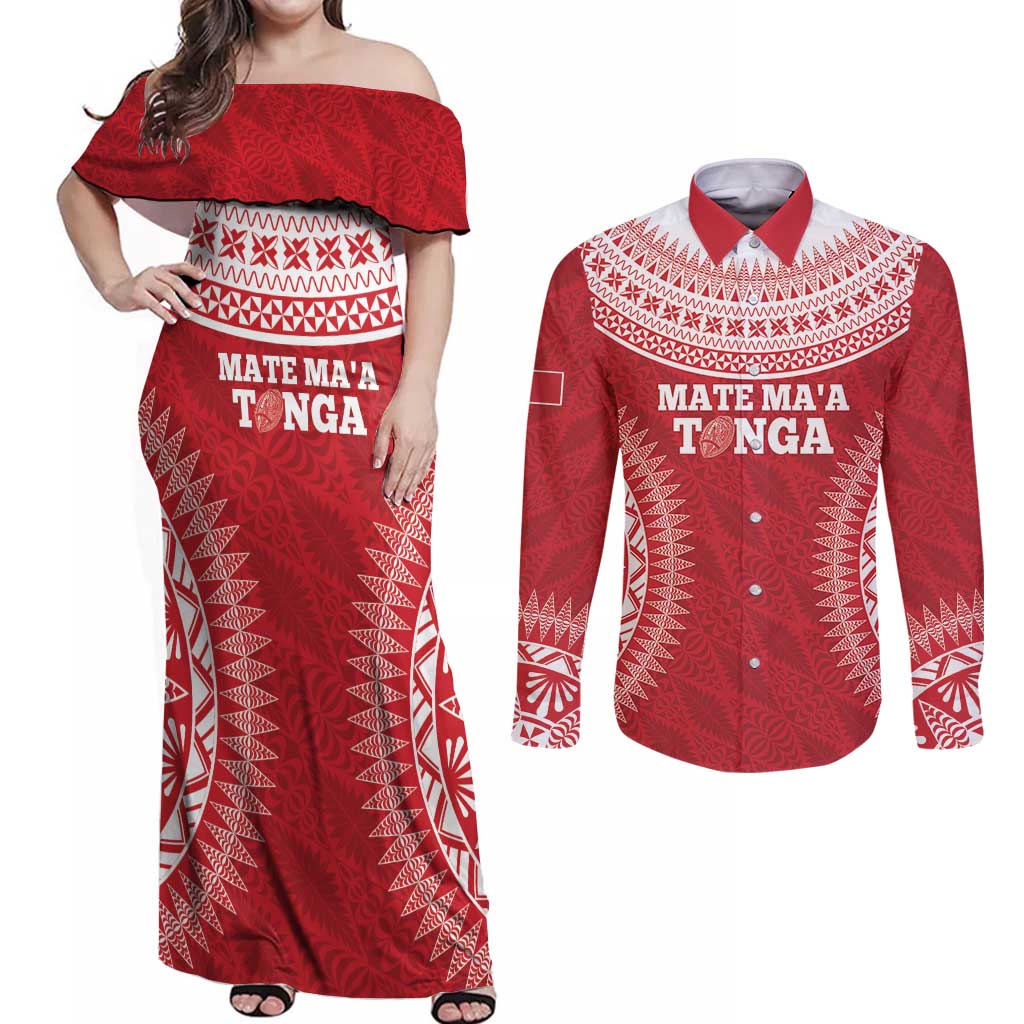 Custom Tonga Mate Maa Couples Matching Off Shoulder Maxi Dress and Long Sleeve Button Shirt Go Champions Tongan Ngatu - Red LT14 Red - Polynesian Pride