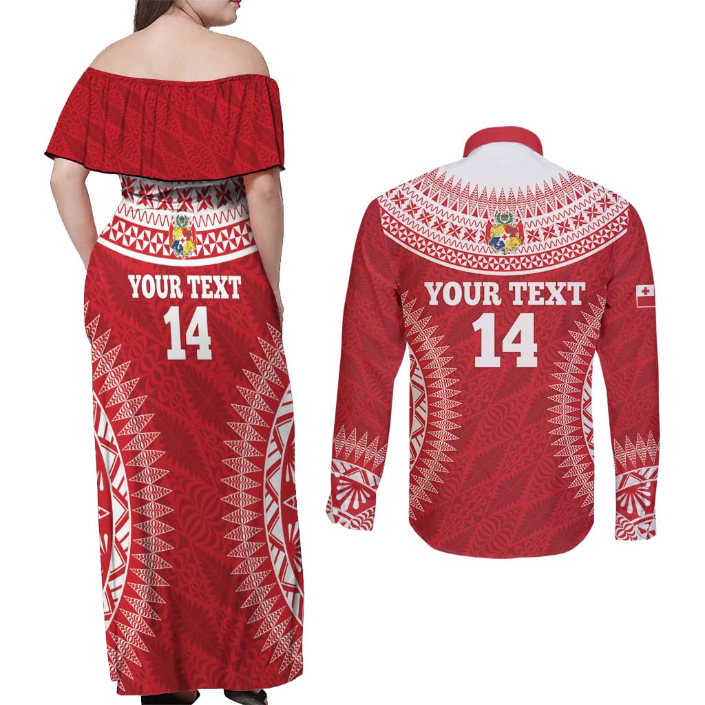 Custom Tonga Mate Maa Couples Matching Off Shoulder Maxi Dress and Long Sleeve Button Shirt Go Champions Tongan Ngatu - Red LT14 - Polynesian Pride