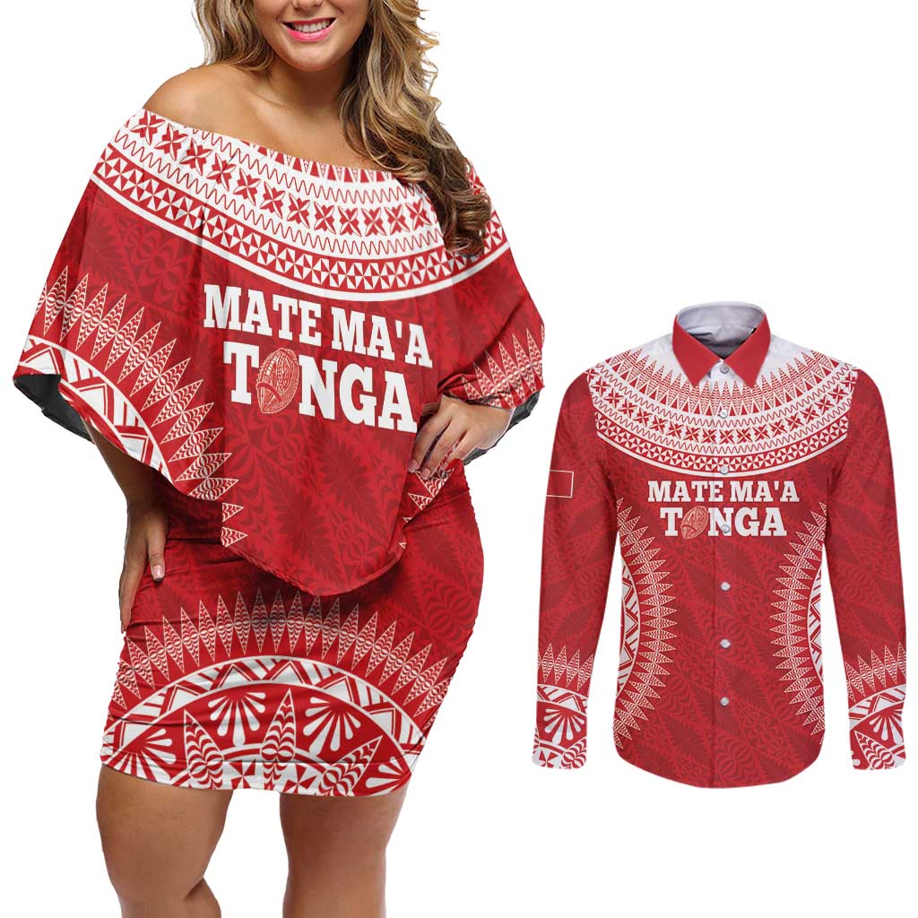 Custom Tonga Mate Maa Couples Matching Off Shoulder Short Dress and Long Sleeve Button Shirt Go Champions Tongan Ngatu - Red LT14 Red - Polynesian Pride
