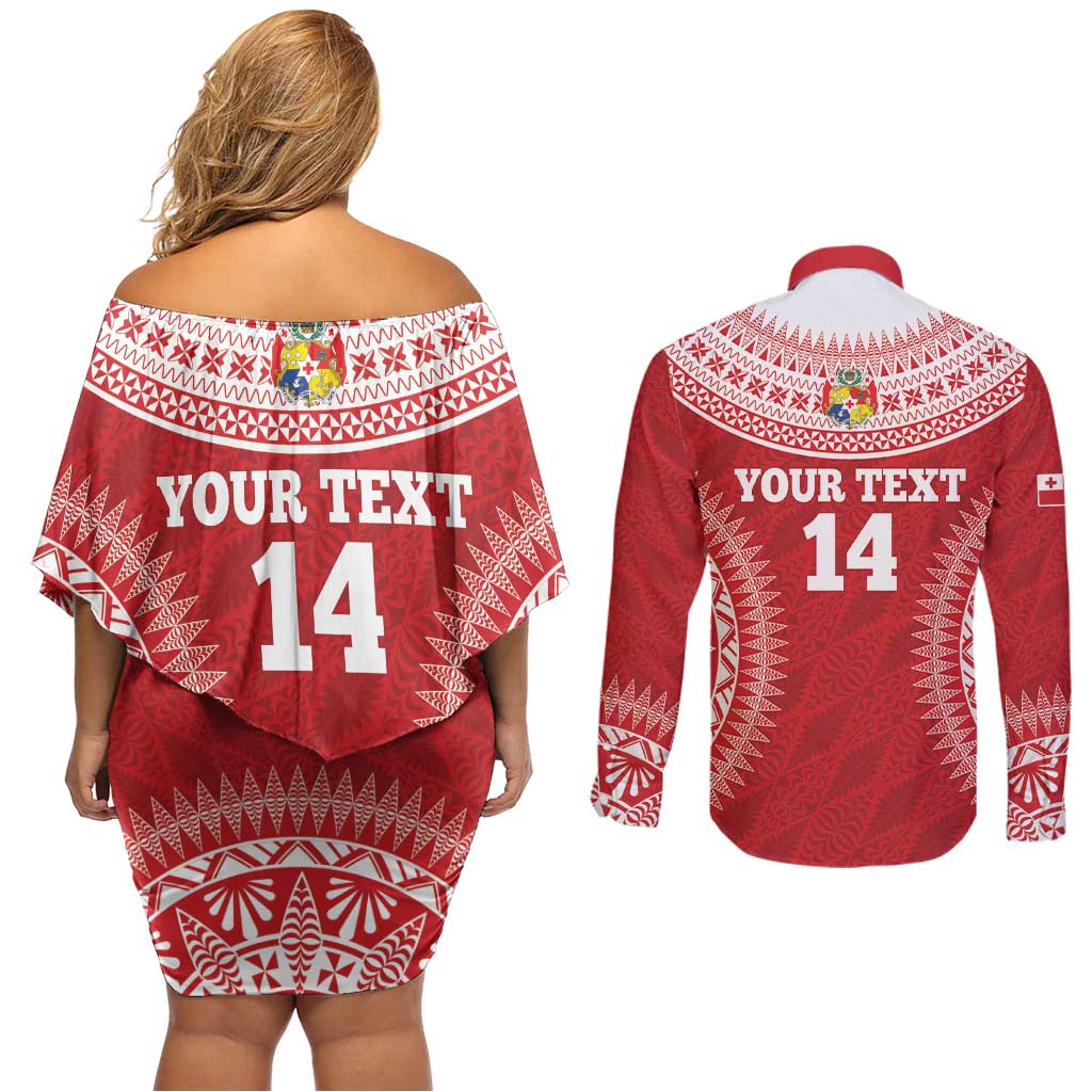 Custom Tonga Mate Maa Couples Matching Off Shoulder Short Dress and Long Sleeve Button Shirt Go Champions Tongan Ngatu - Red LT14 - Polynesian Pride