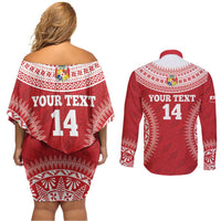 Custom Tonga Mate Maa Couples Matching Off Shoulder Short Dress and Long Sleeve Button Shirt Go Champions Tongan Ngatu - Red LT14 - Polynesian Pride