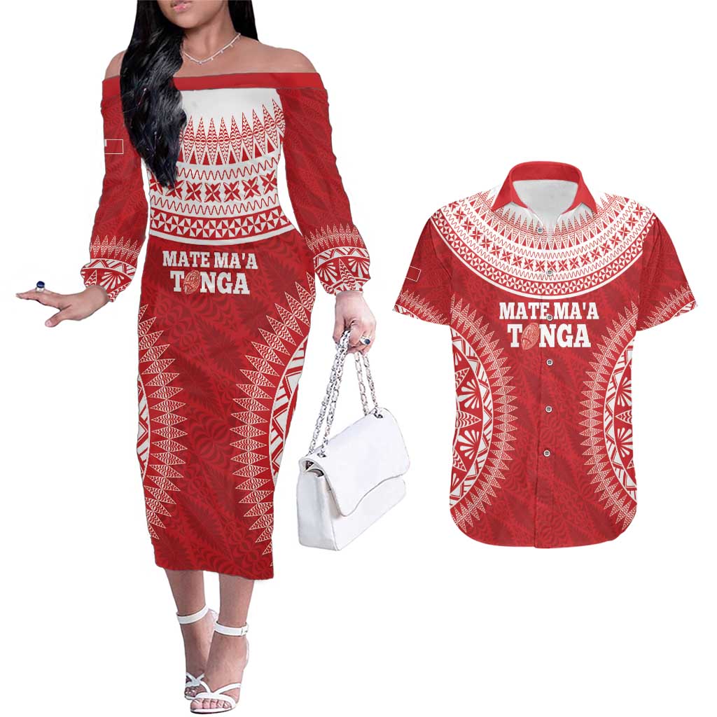 Custom Tonga Mate Maa Couples Matching Off The Shoulder Long Sleeve Dress and Hawaiian Shirt Go Champions Tongan Ngatu - Red