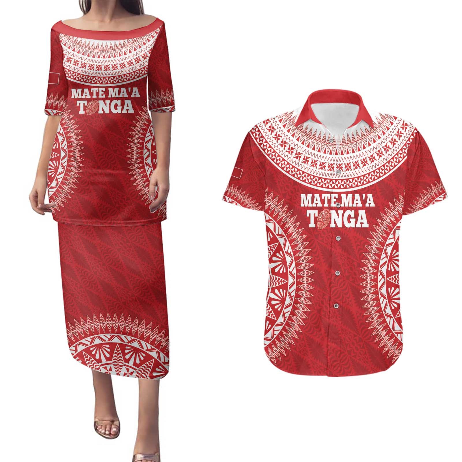 Custom Tonga Mate Maa Couples Matching Puletasi and Hawaiian Shirt Go Champions Tongan Ngatu - Red LT14 Red - Polynesian Pride