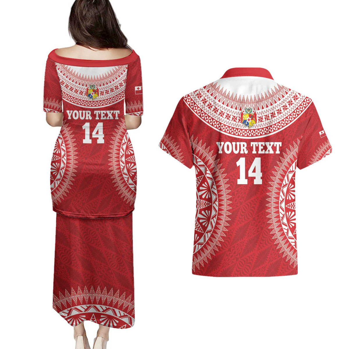 Custom Tonga Mate Maa Couples Matching Puletasi and Hawaiian Shirt Go Champions Tongan Ngatu - Red LT14 - Polynesian Pride