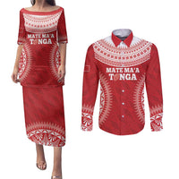 Custom Tonga Mate Maa Couples Matching Puletasi and Long Sleeve Button Shirt Go Champions Tongan Ngatu - Red LT14 Red - Polynesian Pride