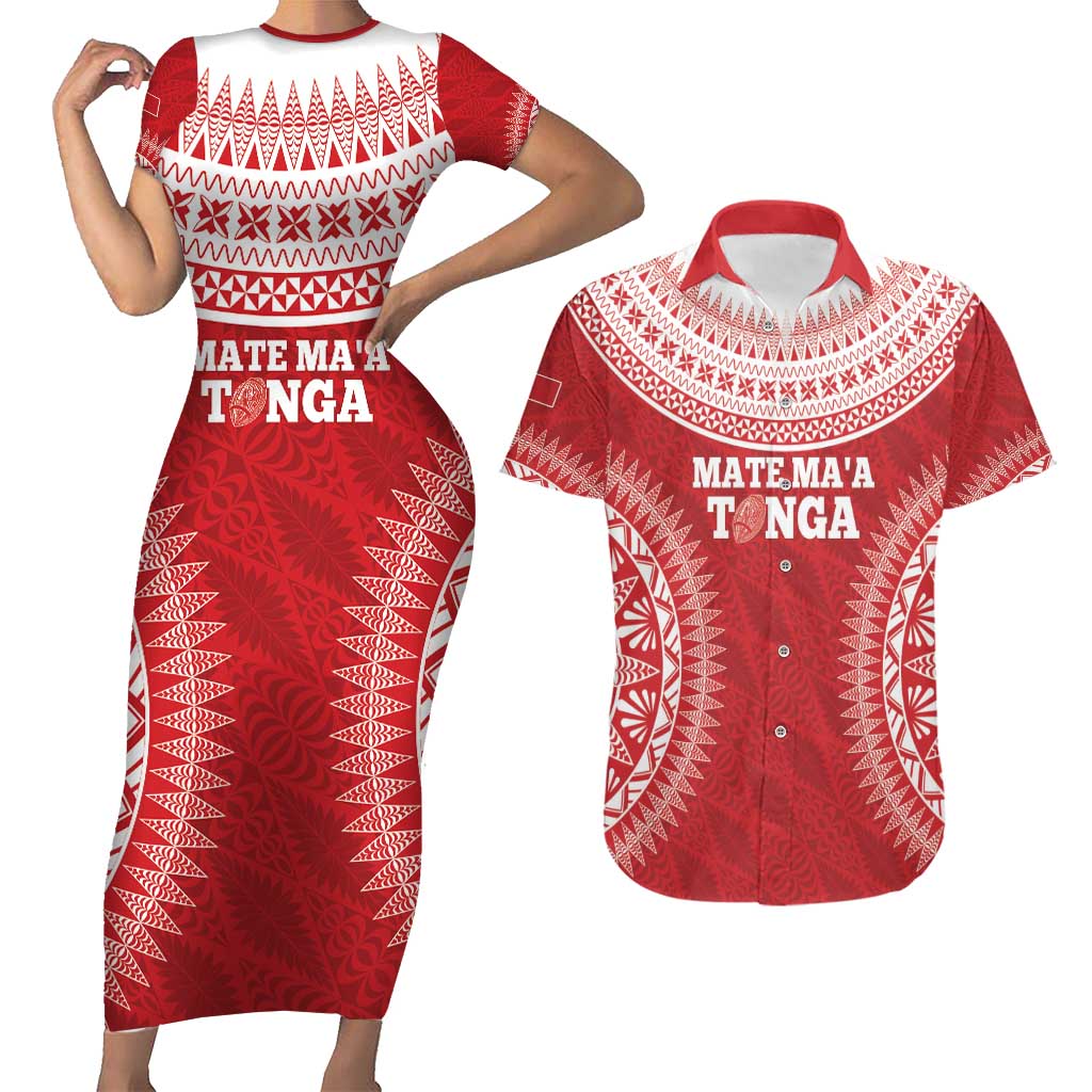 Custom Tonga Mate Maa Couples Matching Short Sleeve Bodycon Dress and Hawaiian Shirt Go Champions Tongan Ngatu - Red LT14 Red - Polynesian Pride