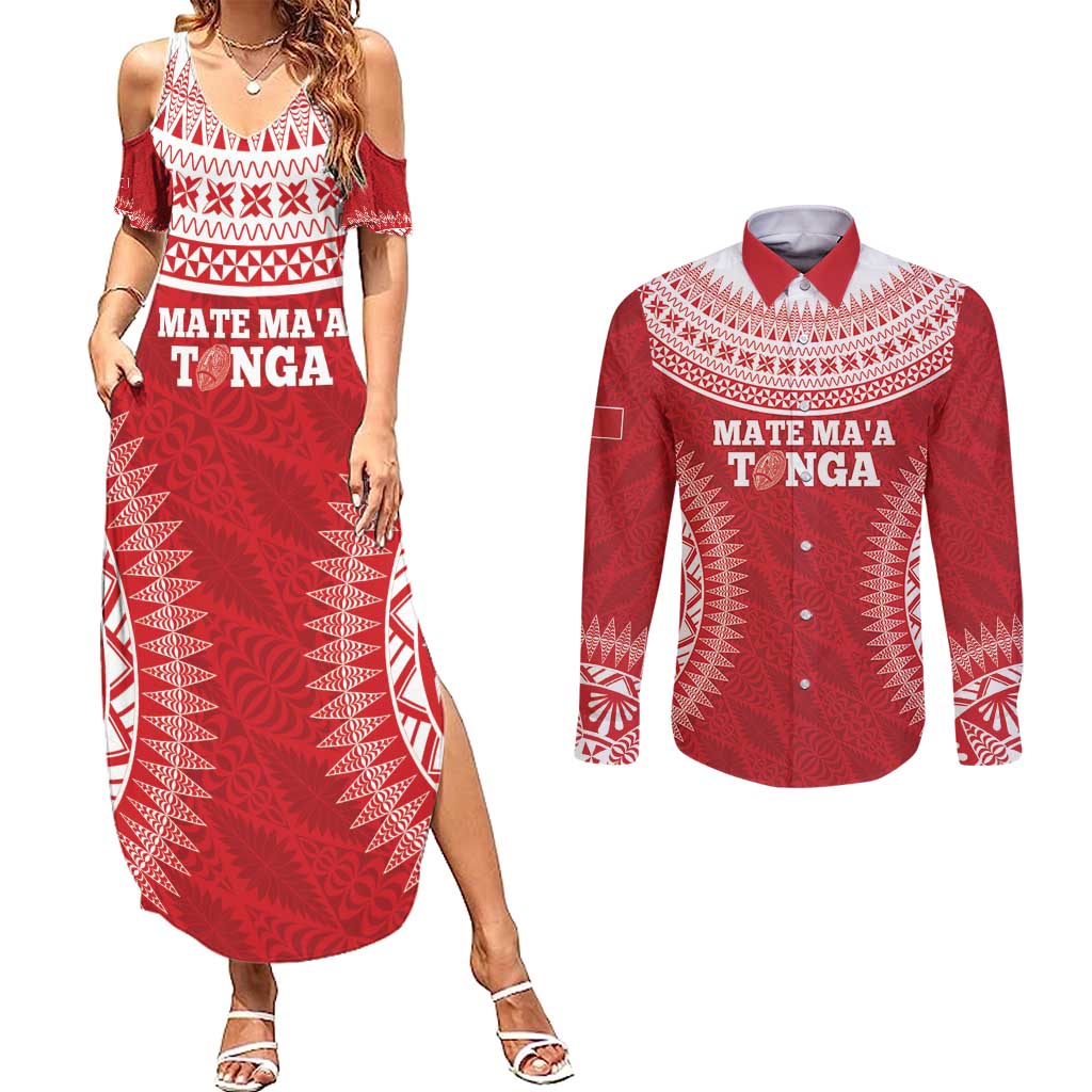 Custom Tonga Mate Maa Couples Matching Summer Maxi Dress and Long Sleeve Button Shirt Go Champions Tongan Ngatu - Red LT14 Red - Polynesian Pride