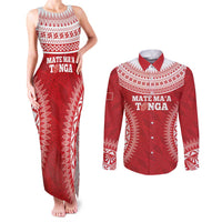 Custom Tonga Mate Maa Couples Matching Tank Maxi Dress and Long Sleeve Button Shirt Go Champions Tongan Ngatu - Red LT14 Red - Polynesian Pride