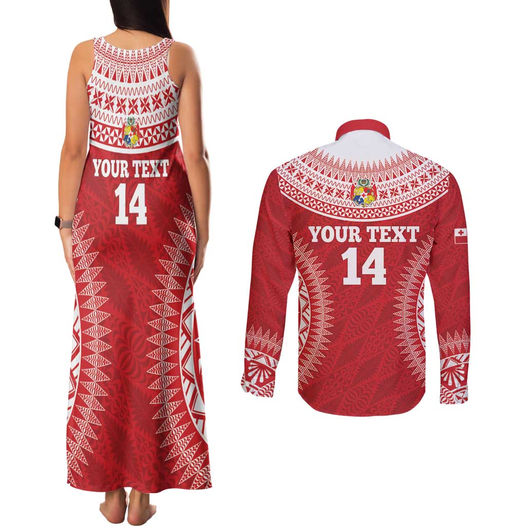 Custom Tonga Mate Maa Couples Matching Tank Maxi Dress and Long Sleeve Button Shirt Go Champions Tongan Ngatu - Red LT14 - Polynesian Pride