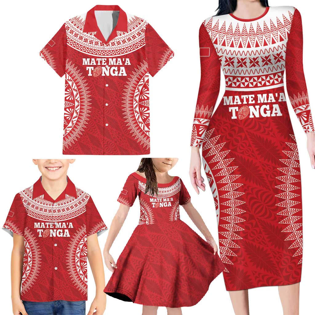 Custom Tonga Mate Maa Family Matching Long Sleeve Bodycon Dress and Hawaiian Shirt Go Champions Tongan Ngatu - Red