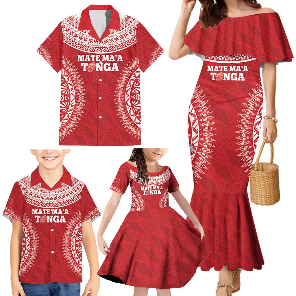 Custom Tonga Mate Maa Family Matching Mermaid Dress and Hawaiian Shirt Go Champions Tongan Ngatu - Red