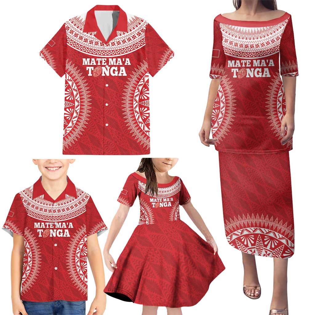 Custom Tonga Mate Maa Family Matching Puletasi and Hawaiian Shirt Go Champions Tongan Ngatu - Red