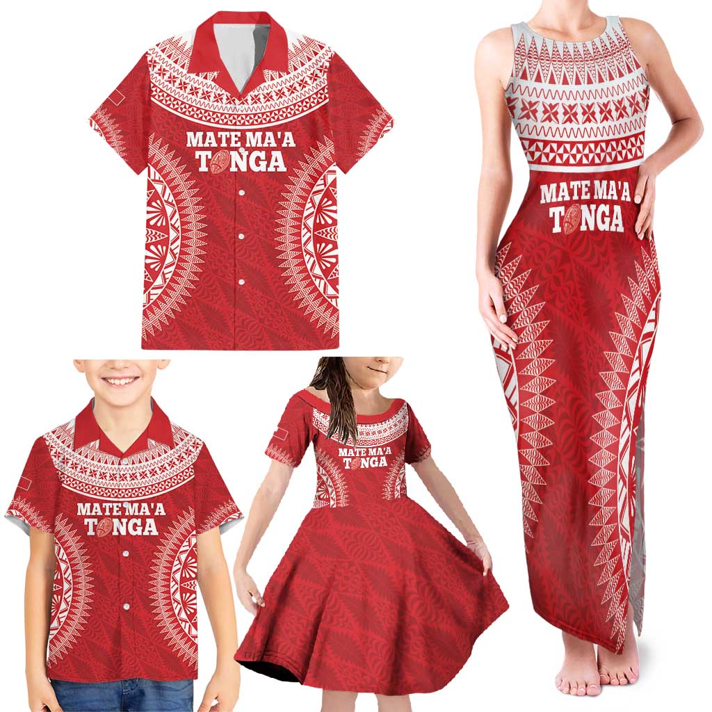 Custom Tonga Mate Maa Family Matching Tank Maxi Dress and Hawaiian Shirt Go Champions Tongan Ngatu - Red