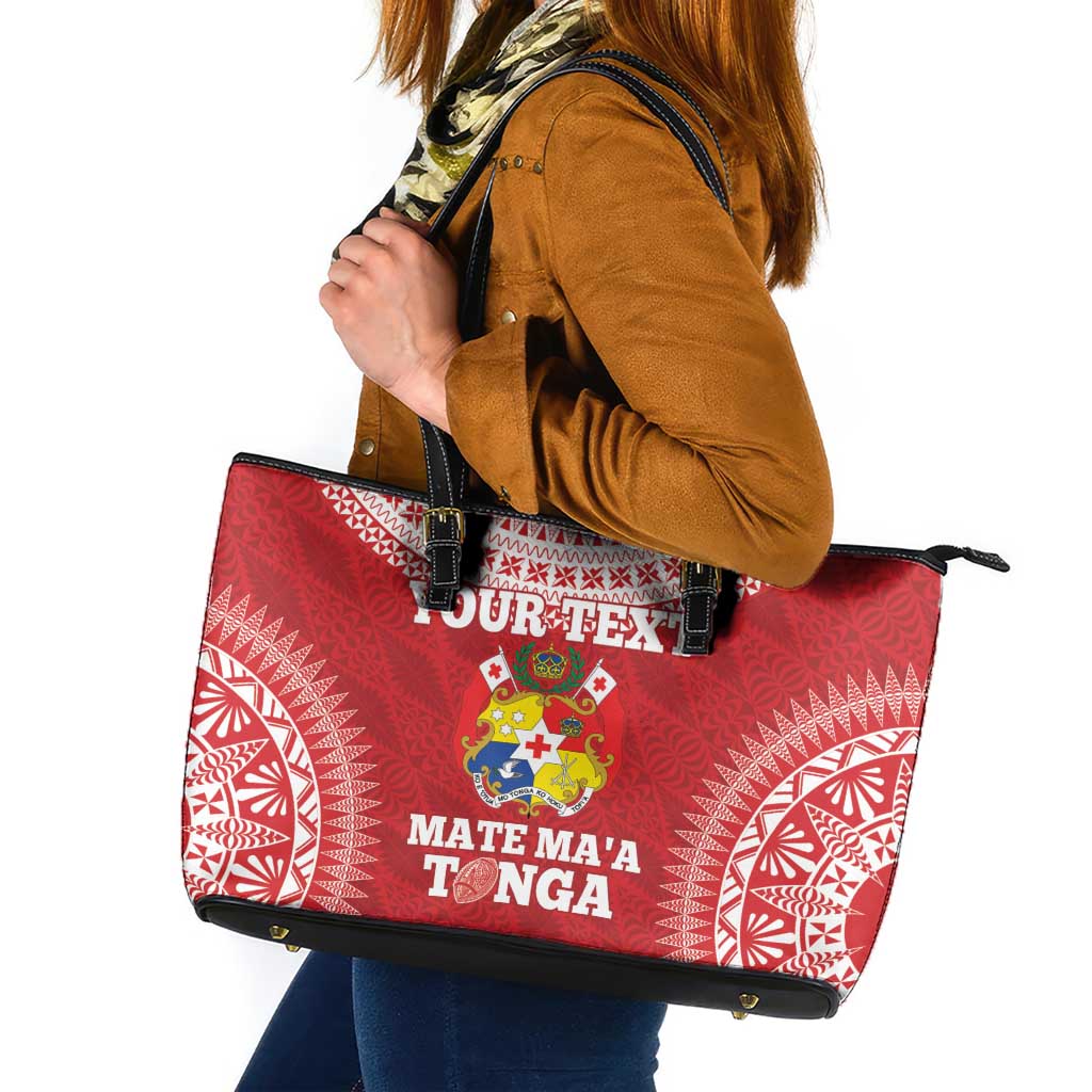 Custom Tonga Mate Maa Leather Tote Bag Go Champions Tongan Ngatu - Red LT14 Red - Polynesian Pride