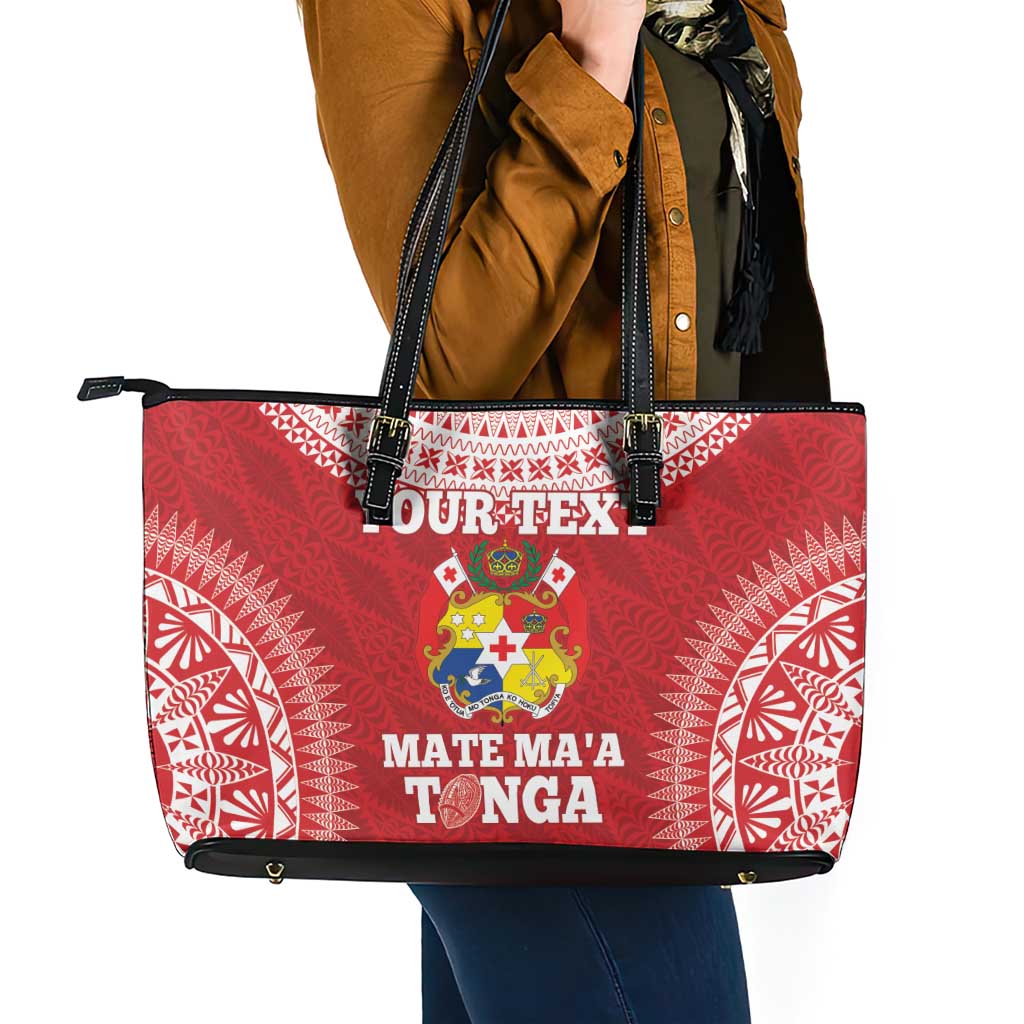Custom Tonga Mate Maa Leather Tote Bag Go Champions Tongan Ngatu - Red LT14 - Polynesian Pride