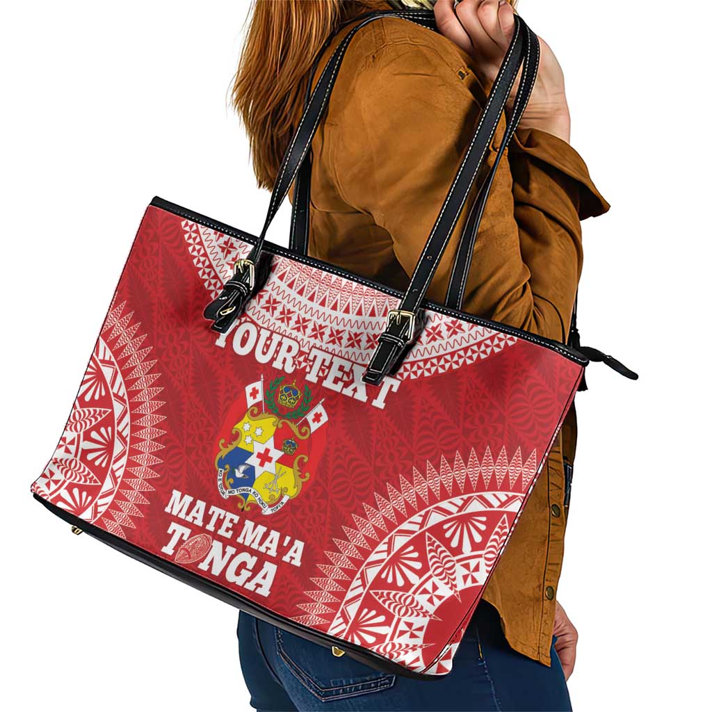 Custom Tonga Mate Maa Leather Tote Bag Go Champions Tongan Ngatu - Red LT14 - Polynesian Pride