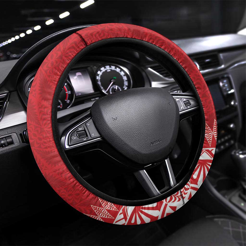 Tonga Mate Maa Steering Wheel Cover Go Champions Tongan Ngatu - Red LT14 Universal Fit Red - Polynesian Pride