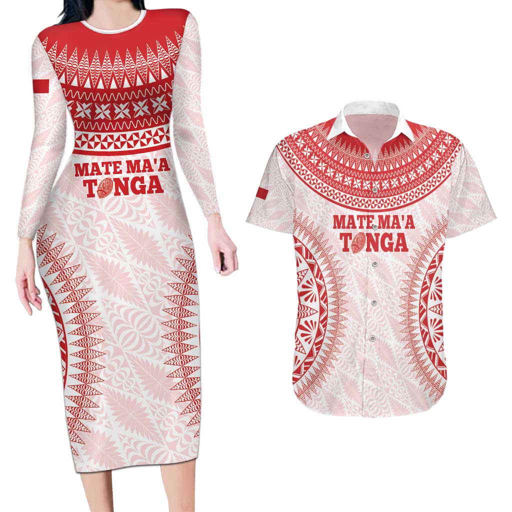 Custom Tonga Mate Maa Couples Matching Long Sleeve Bodycon Dress and Hawaiian Shirt Go Champions Tongan Ngatu - White