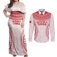 Custom Tonga Mate Maa Couples Matching Off Shoulder Maxi Dress and Long Sleeve Button Shirt Go Champions Tongan Ngatu - White LT14 White - Polynesian Pride