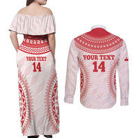 Custom Tonga Mate Maa Couples Matching Off Shoulder Maxi Dress and Long Sleeve Button Shirt Go Champions Tongan Ngatu - White LT14 - Polynesian Pride