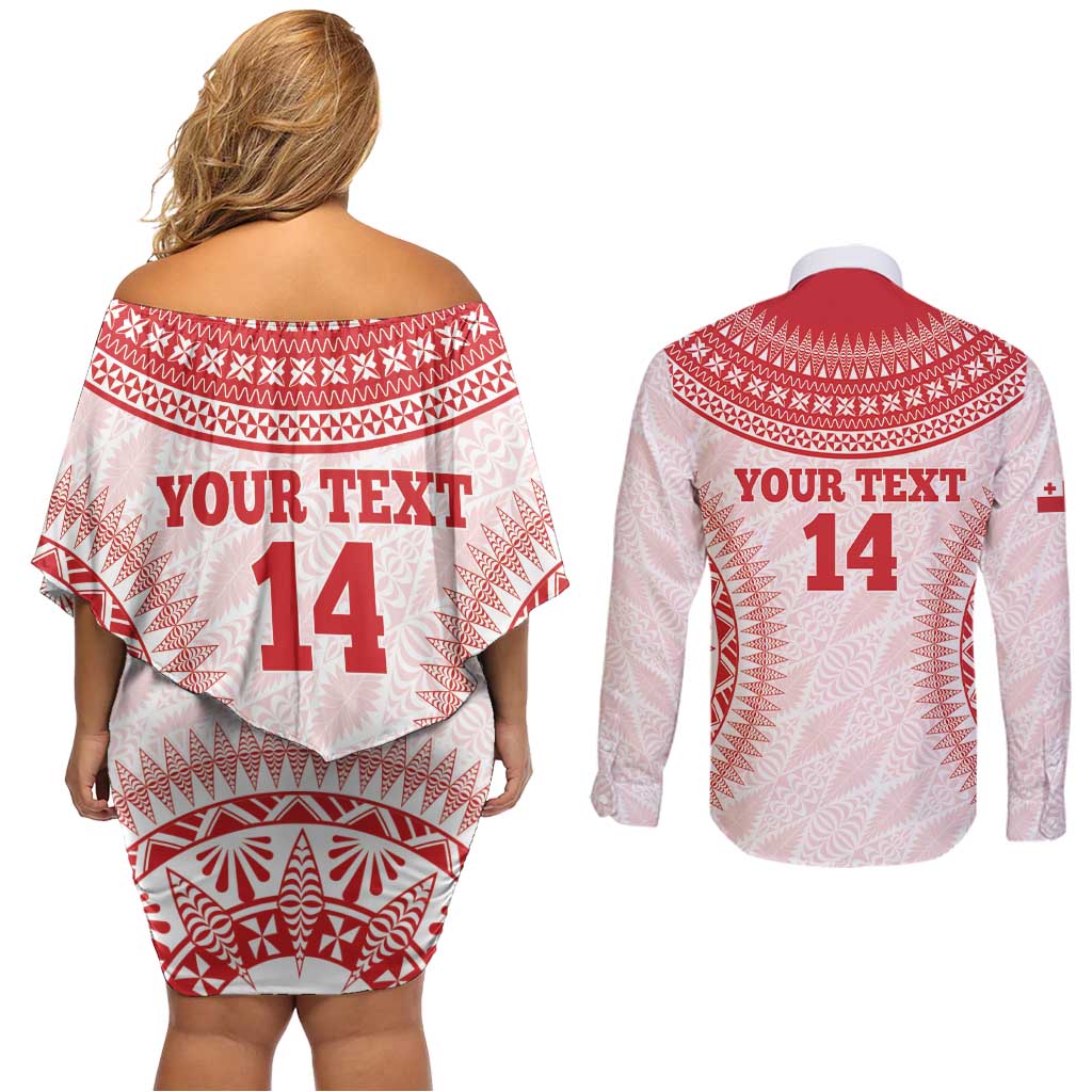 Custom Tonga Mate Maa Couples Matching Off Shoulder Short Dress and Long Sleeve Button Shirt Go Champions Tongan Ngatu - White LT14 - Polynesian Pride