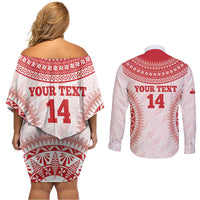 Custom Tonga Mate Maa Couples Matching Off Shoulder Short Dress and Long Sleeve Button Shirt Go Champions Tongan Ngatu - White LT14 - Polynesian Pride