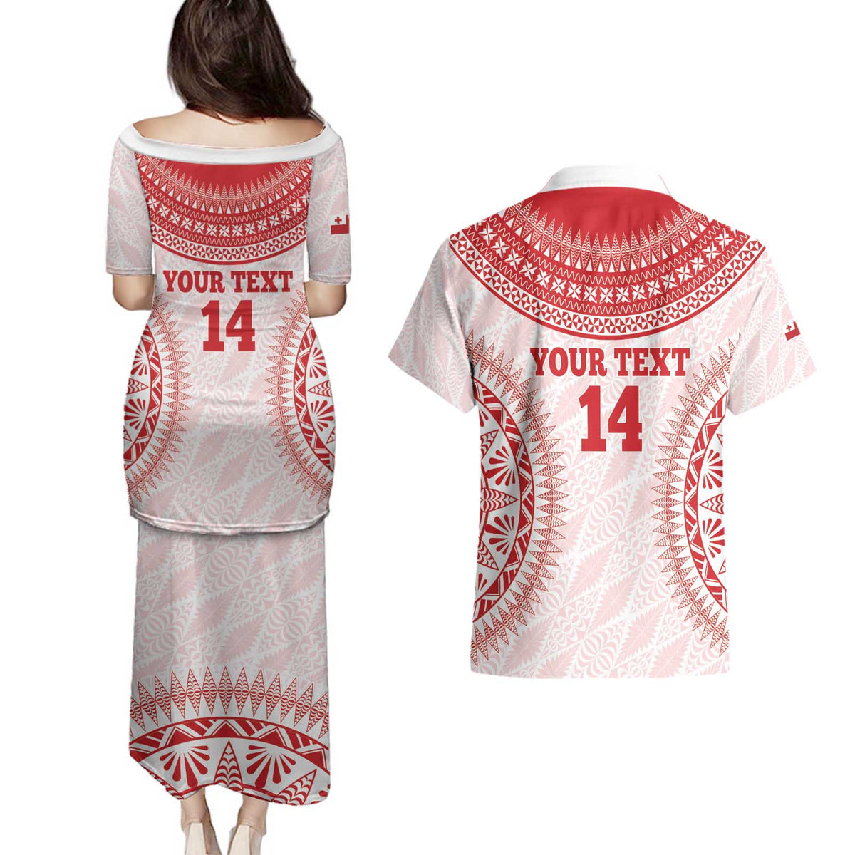 Custom Tonga Mate Maa Couples Matching Puletasi and Hawaiian Shirt Go Champions Tongan Ngatu - White LT14 - Polynesian Pride