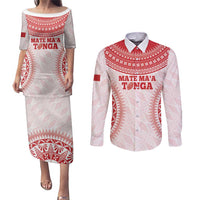 Custom Tonga Mate Maa Couples Matching Puletasi and Long Sleeve Button Shirt Go Champions Tongan Ngatu - White LT14 White - Polynesian Pride