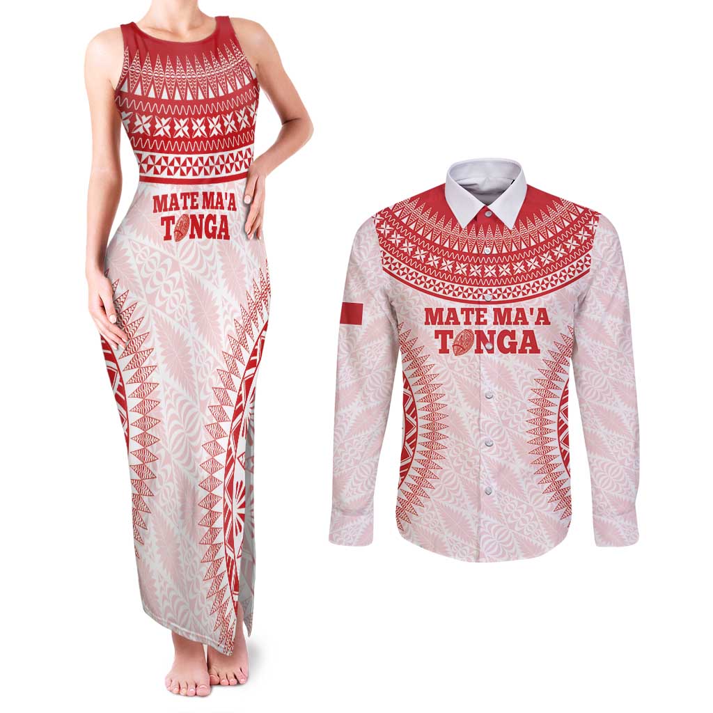 Custom Tonga Mate Maa Couples Matching Tank Maxi Dress and Long Sleeve Button Shirt Go Champions Tongan Ngatu - White LT14 White - Polynesian Pride