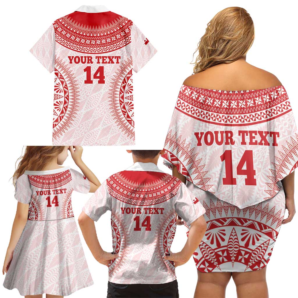 Custom Tonga Mate Maa Family Matching Off Shoulder Short Dress and Hawaiian Shirt Go Champions Tongan Ngatu - White