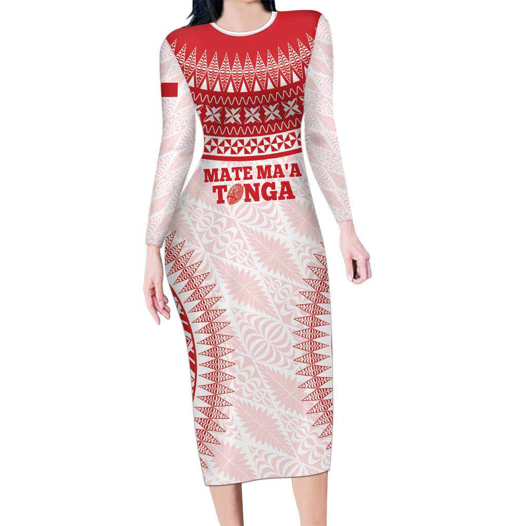 Custom Tonga Mate Maa Long Sleeve Bodycon Dress Go Champions Tongan Ngatu - White