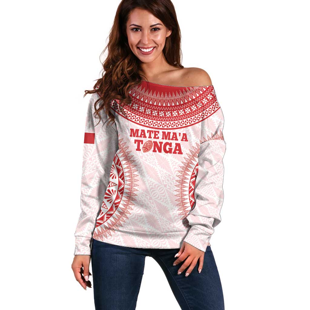 Custom Tonga Mate Maa Off Shoulder Sweater Go Champions Tongan Ngatu - White