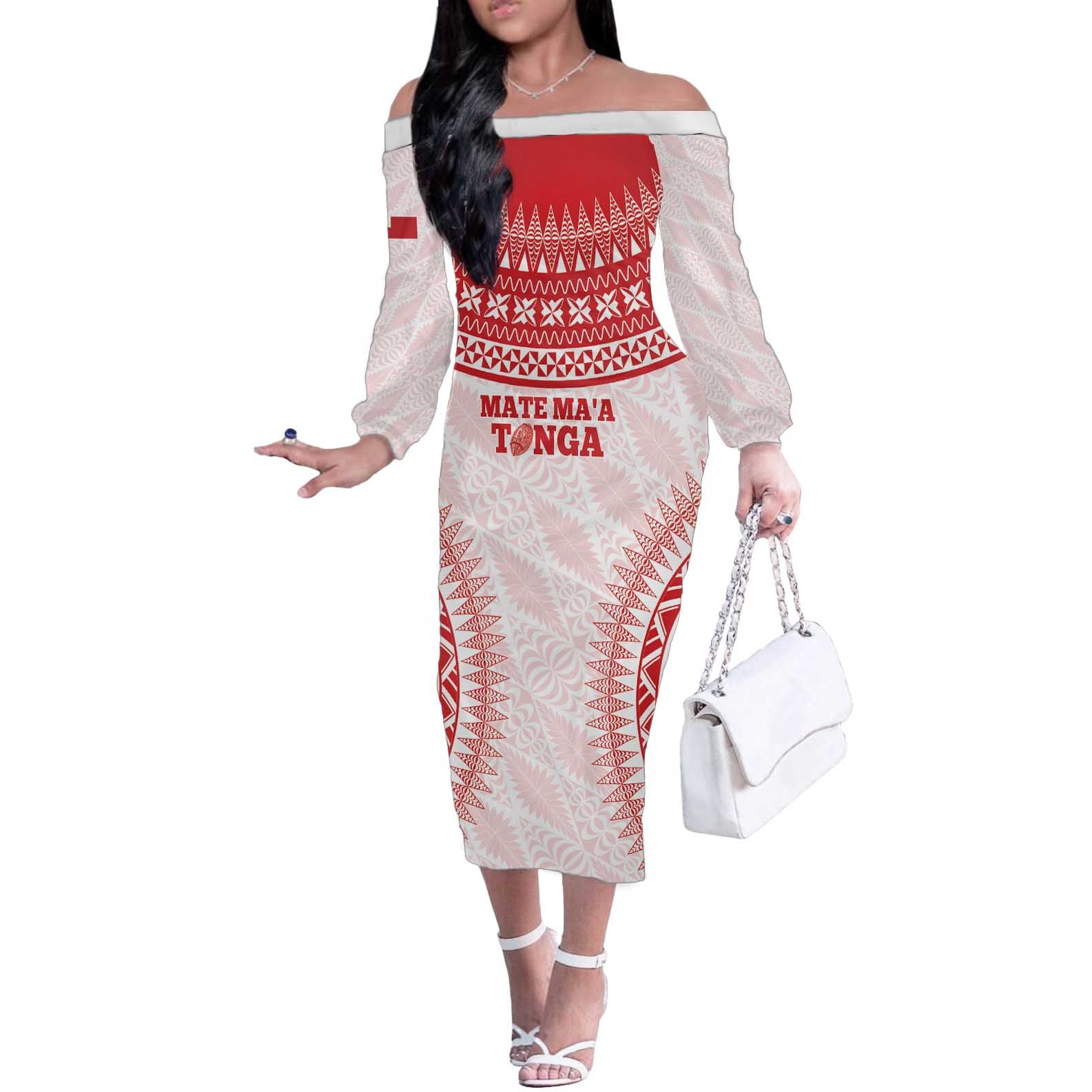 Custom Tonga Mate Maa Off The Shoulder Long Sleeve Dress Go Champions Tongan Ngatu - White