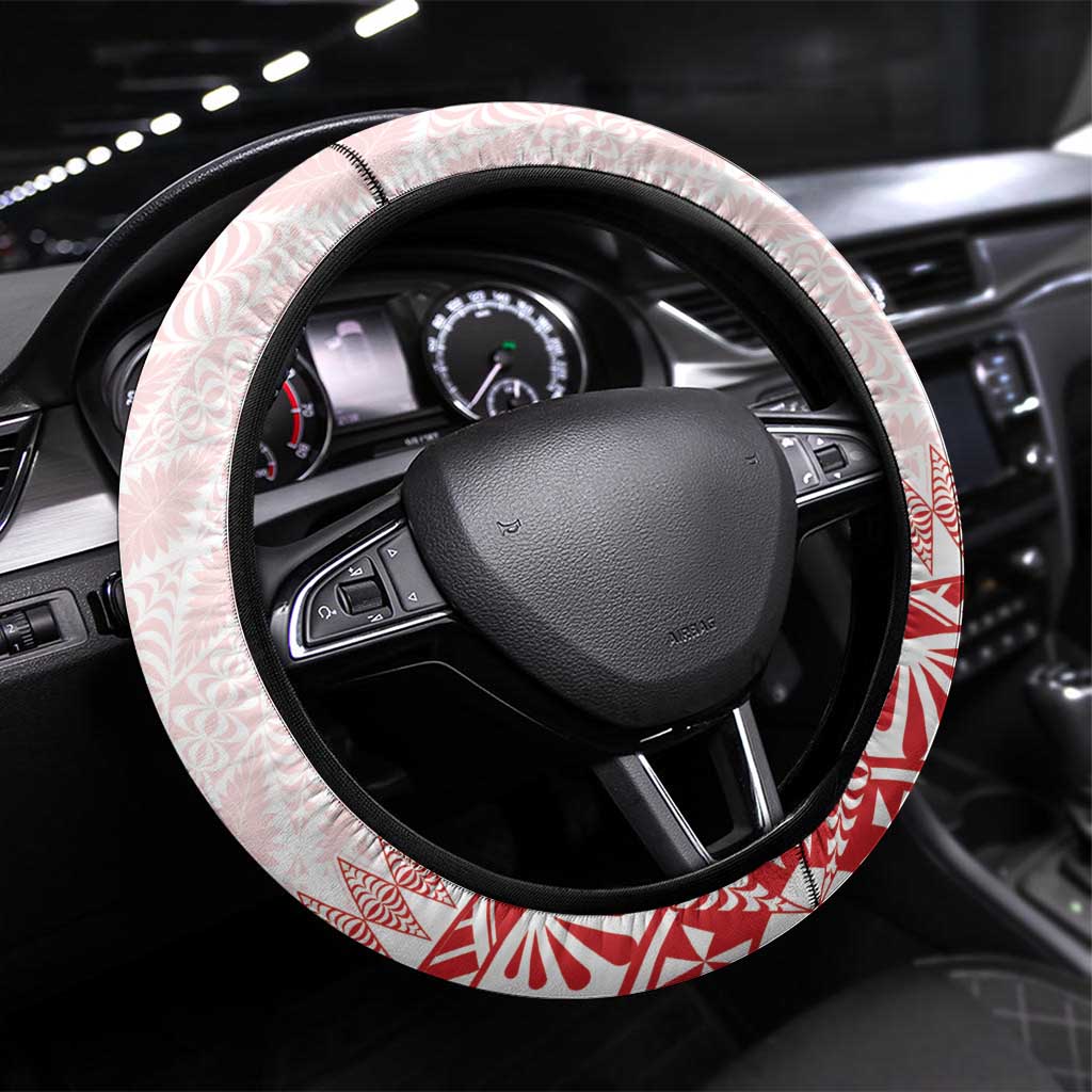 Tonga Mate Maa Steering Wheel Cover Go Champions Tongan Ngatu - White LT14 Universal Fit White - Polynesian Pride