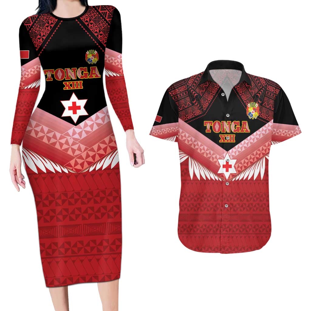 Custom Mate Maa Tonga XIII Couples Matching Long Sleeve Bodycon Dress and Hawaiian Shirt Tongan Kupesi Ngatu - Rugby Style