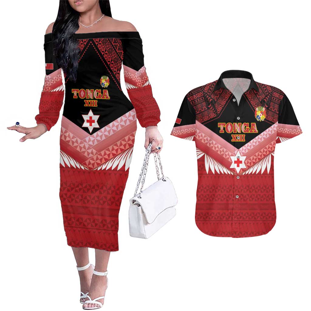 Custom Mate Maa Tonga XIII Couples Matching Off The Shoulder Long Sleeve Dress and Hawaiian Shirt Tongan Kupesi Ngatu - Rugby Style