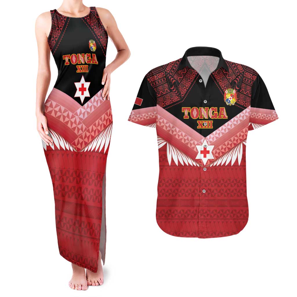 Custom Mate Maa Tonga XIII Couples Matching Tank Maxi Dress and Hawaiian Shirt Tongan Kupesi Ngatu - Rugby Style LT14 Red - Polynesian Pride