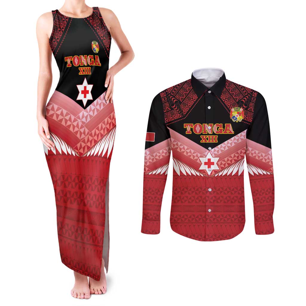 Custom Mate Maa Tonga XIII Couples Matching Tank Maxi Dress and Long Sleeve Button Shirt Tongan Kupesi Ngatu - Rugby Style LT14 Red - Polynesian Pride