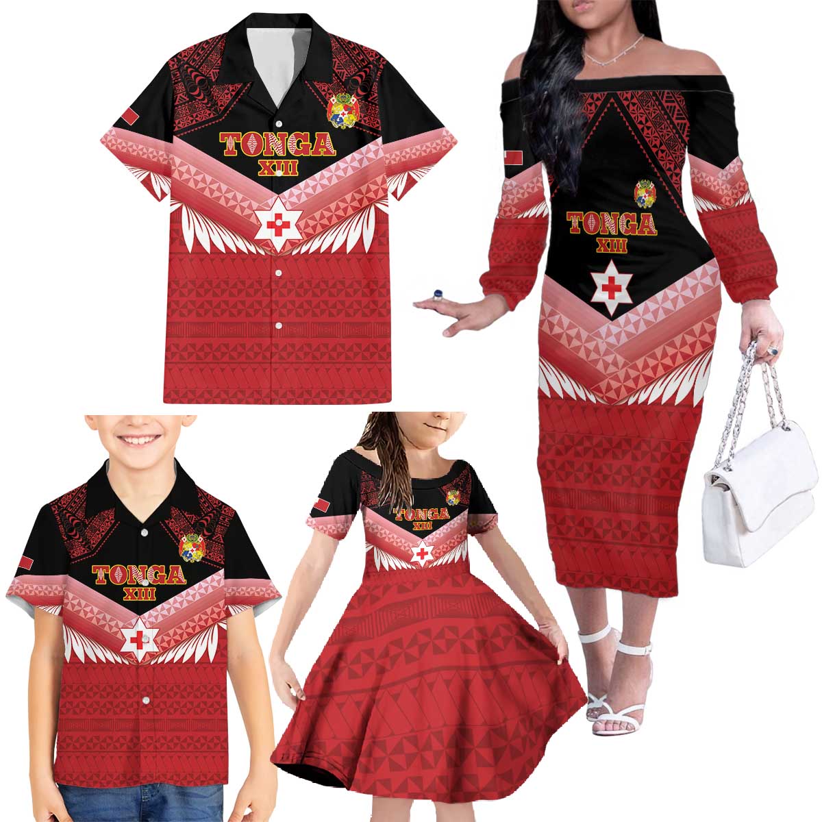 Custom Mate Maa Tonga XIII Family Matching Off The Shoulder Long Sleeve Dress and Hawaiian Shirt Tongan Kupesi Ngatu - Rugby Style