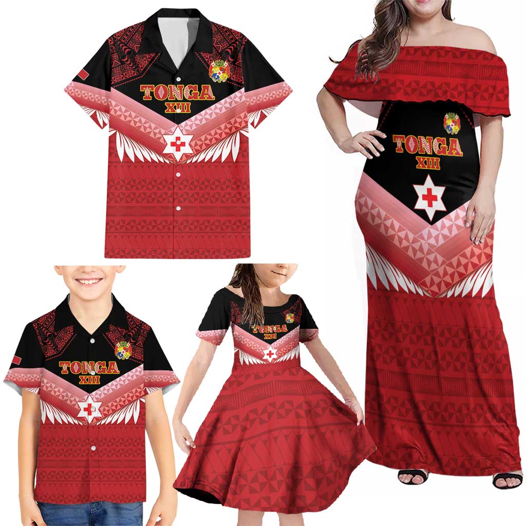 Custom Mate Maa Tonga XIII Family Matching Off Shoulder Maxi Dress and Hawaiian Shirt Tongan Kupesi Ngatu - Rugby Style