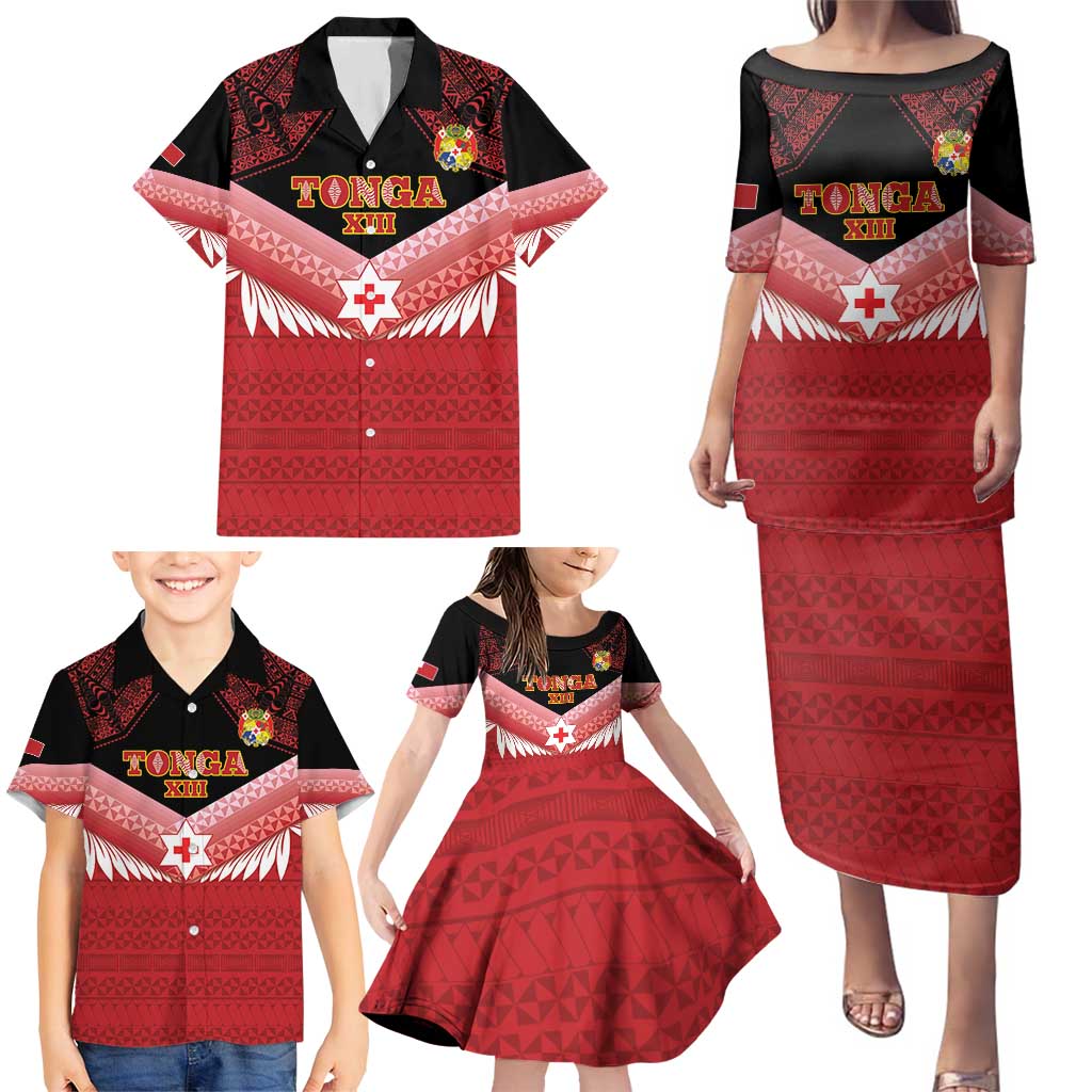 Custom Mate Maa Tonga XIII Family Matching Puletasi and Hawaiian Shirt Tongan Kupesi Ngatu - Rugby Style