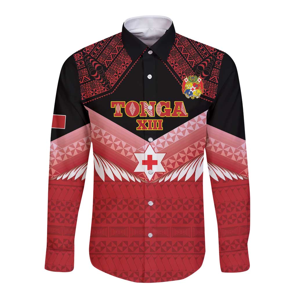 Custom Mate Maa Tonga XIII Long Sleeve Button Shirt Tongan Kupesi Ngatu - Rugby Style