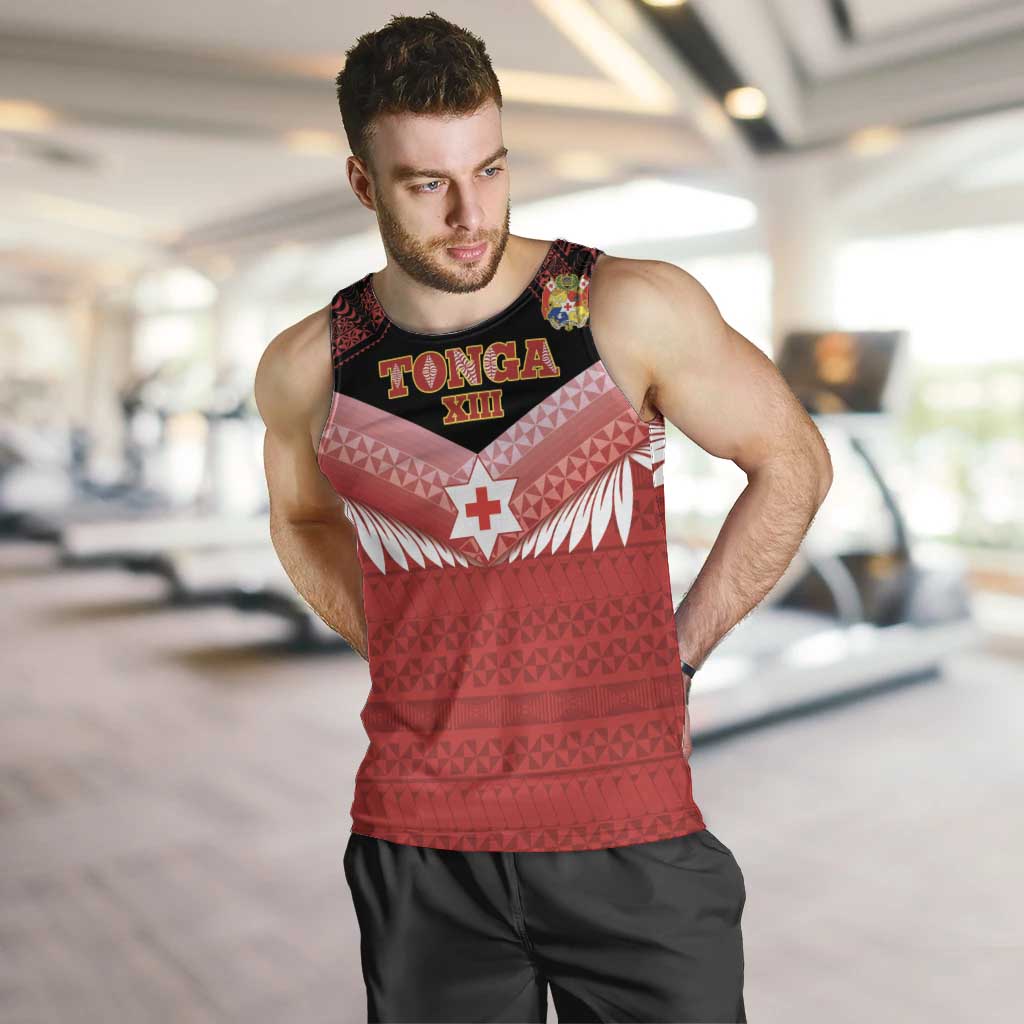 Custom Mate Maa Tonga XIII Men Tank Top Tongan Kupesi Ngatu - Rugby Style LT14 Red - Polynesian Pride