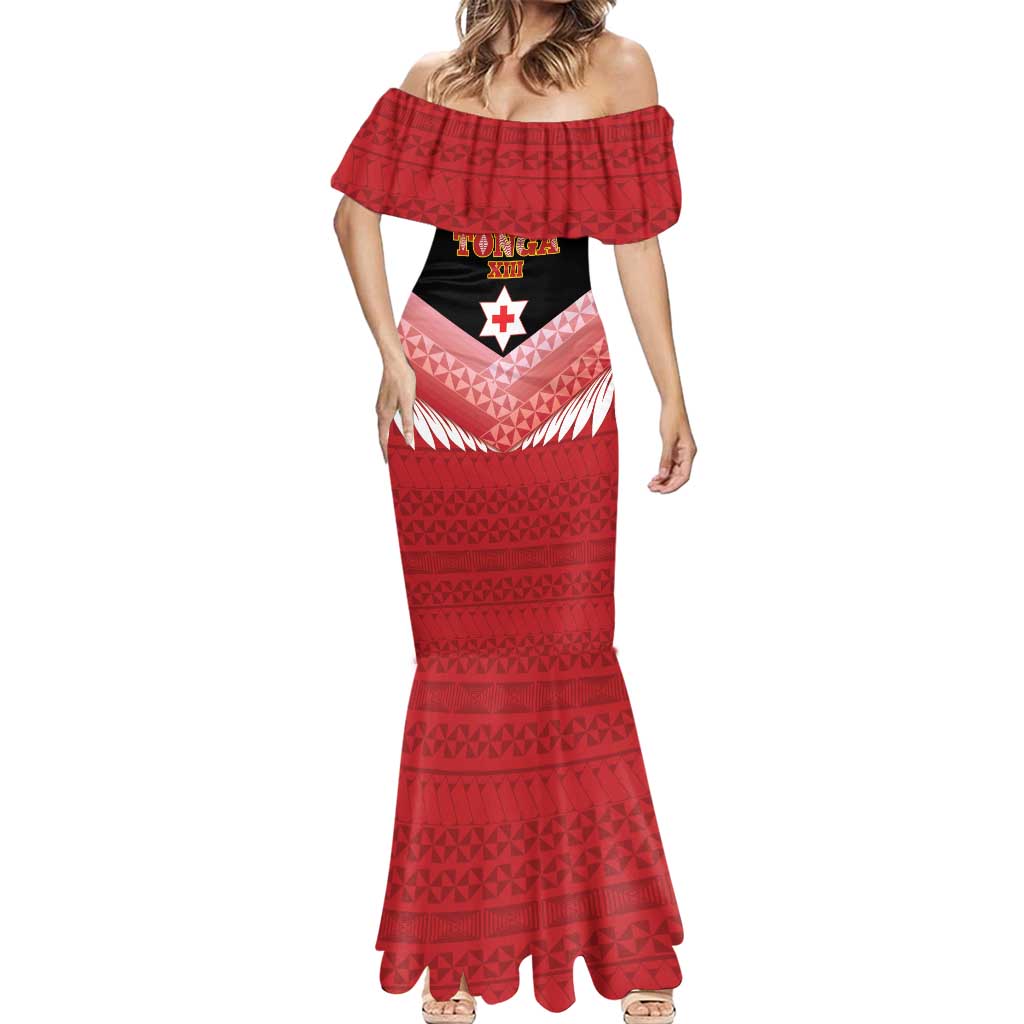 Custom Mate Maa Tonga XIII Mermaid Dress Tongan Kupesi Ngatu - Rugby Style