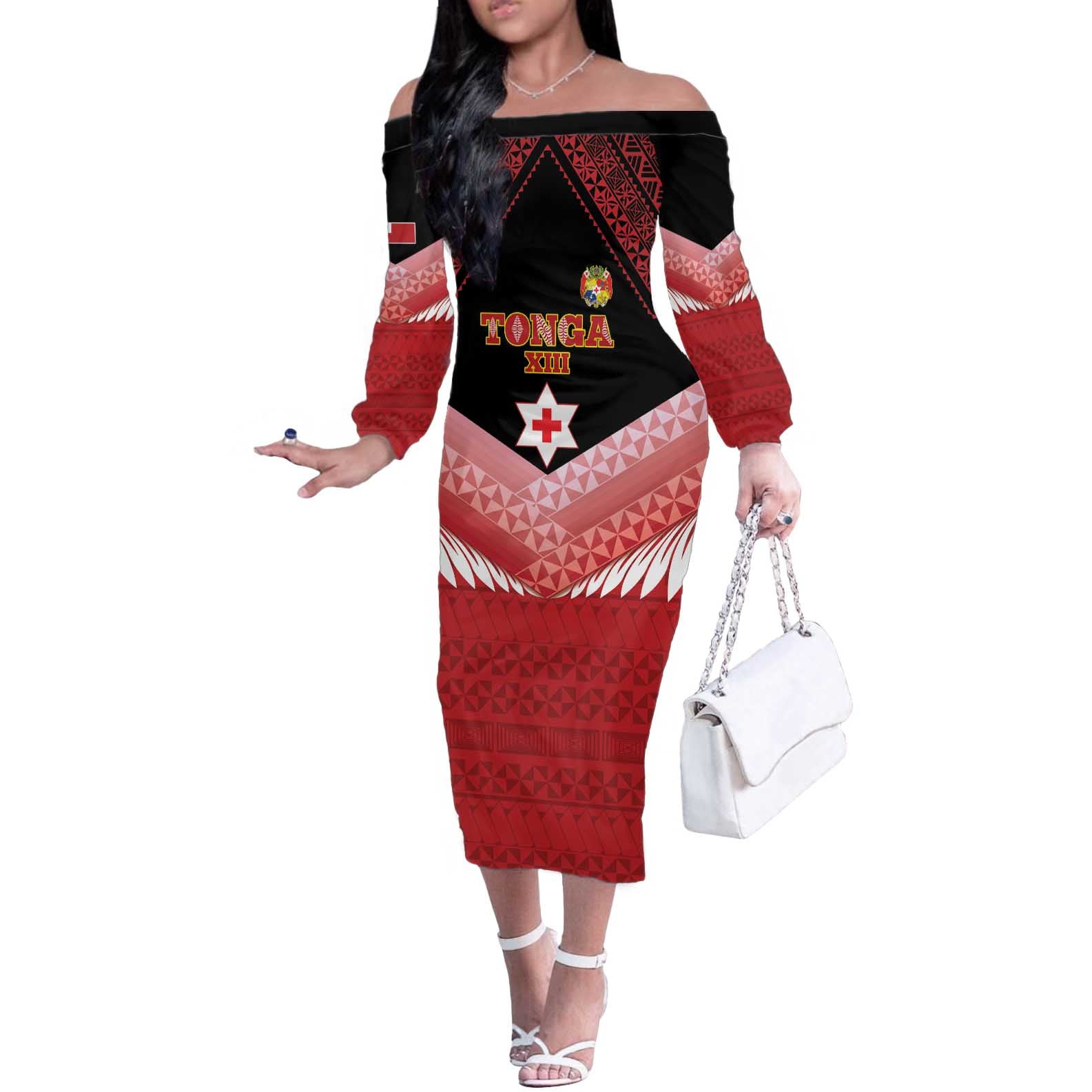 Custom Mate Maa Tonga XIII Off The Shoulder Long Sleeve Dress Tongan Kupesi Ngatu - Rugby Style